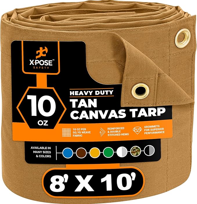 Xpose Safety Canvas Tarp - 10oz Tan Canvas Tarps Heavy Duty Water Resistant with Brass Grommets- Multipurpose Outdoor Tarpaulin for Camping, Canopy, Trailer, Equipment Cover 8' x 10'