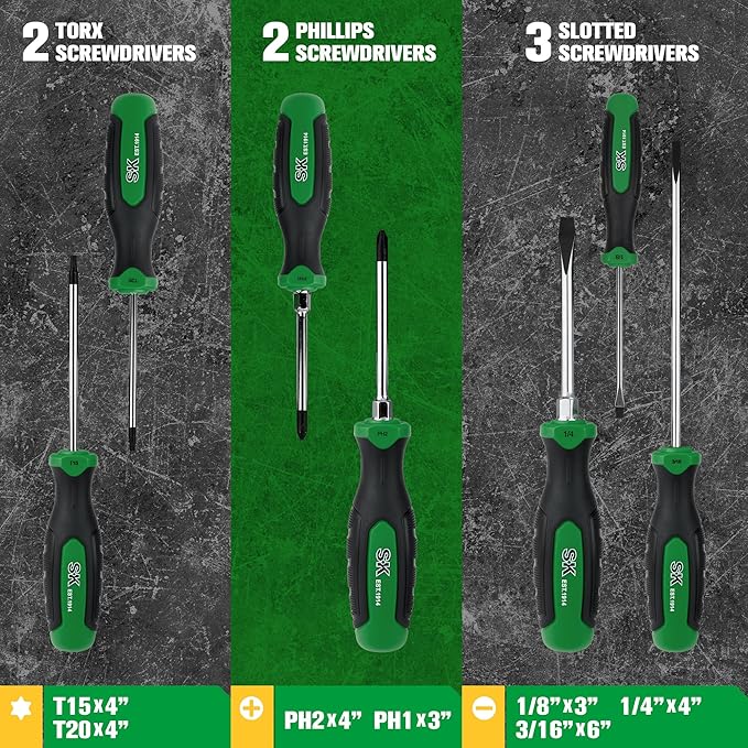 SK 7-Piece Magnetic Screwdriver Set, Includes Slotted/Phillip/Star Screwdrivers, S2 Steel, SureGrip Handle