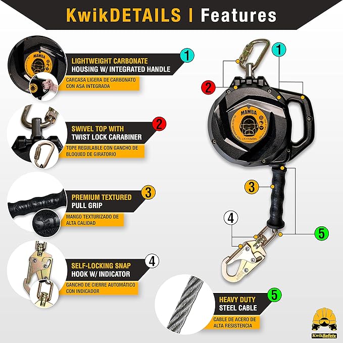 KwikSafety - Charlotte, NC - Mamba 20’ Self Retracting Lifeline [Carbonate + Integrated Handle] Class 1 Cable SRL ANSI OSHA Retractable Fall Arrest Safety Roofing Construction Gear