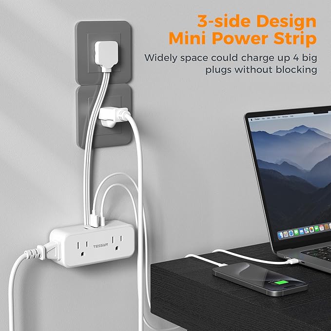 Small Extension Cord 6 inch, TESSAN Thin Flat Plug Power Strip with 4 AC Outlets 3 USB (1 USB C) Ports, Silm Charging Station Desk Organizers for Home Bedroom Hotel Office Desktop Accessories
