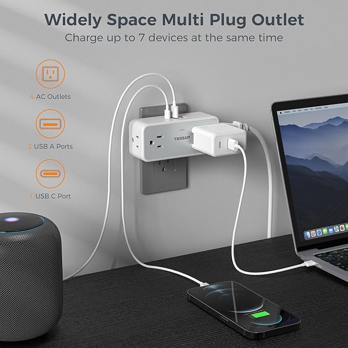 Multi Plug Outlet Splitter, TESSAN 4 Wall Outlet Extender with 3 USB Wall Charger(1 USB C), Surge Protecter 900J, Widely Spaced Multiple Plug Expander
