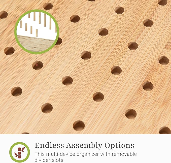 Prosumers Choice Bamboo Charging Station for Multiple Devices - Wooden Charger Organizer with Removable Dividers for Phones, Tablets, and Laptops - 11 Inch Cable Organizer Box - Space-Saving Desk Dock