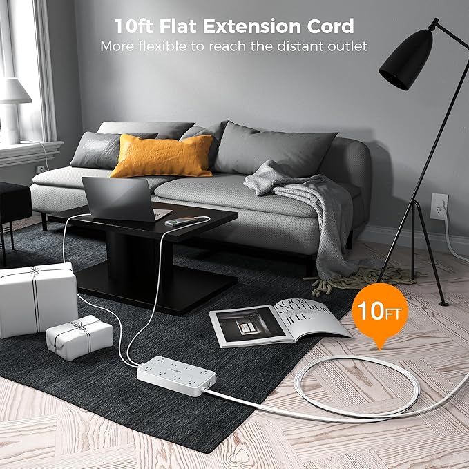 Power Strip Surge Protector 10 FT, TESSAN Flat Plug Extension Cord with 8 Outlets 3 USB Ports(1 USB C), 1080Joules Wall Mountable Multi Port Charging Station for Home Office Dorm Room Essentials