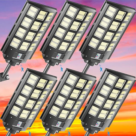 6-Pack Solar Street Lights Outdoor 8000W, 480000LM, 7000K Dusk to Dawn, IP67 Waterproof Motion Sensor, Energy-Saving Solar Parking Lot Lights for Homes and Businesses