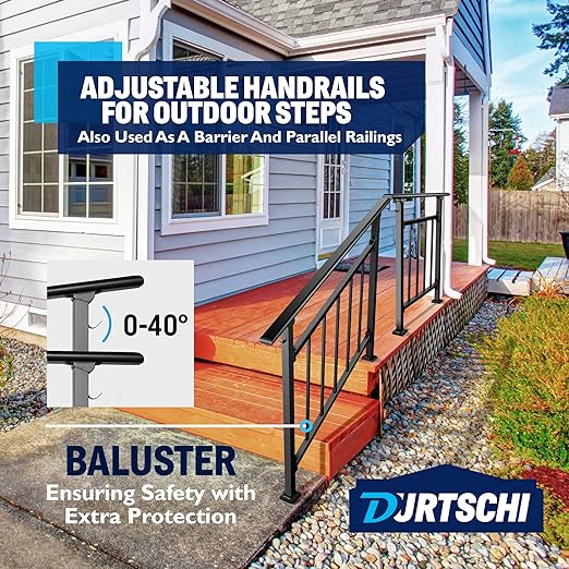 Updated Handrails for Outdoor Steps, 3-4 Steps Wrought Iron Stair Railing with Fence, Flexible Exterior Hand Railing for Concrete or Wooden Stairs, Black Transitional Handrails with Installation Kit