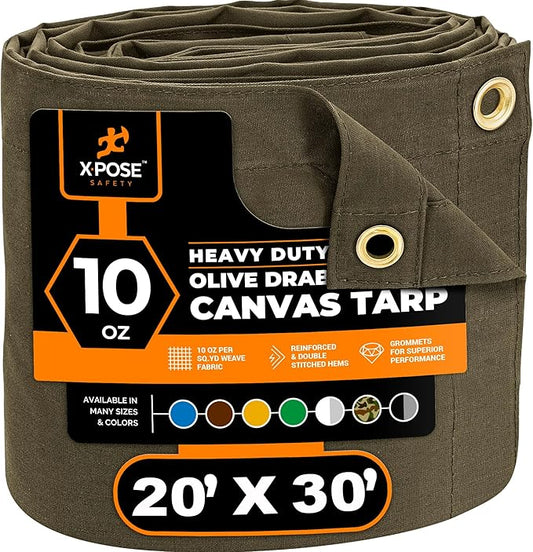 Xpose Safety Canvas Tarp - 10oz Olive Drab Canvas Tarps Heavy Duty Water Resistant with Brass Grommets- Multipurpose Outdoor Tarpaulin for Camping, Canopy, Trailer, Equipment Cover 20' x 30'
