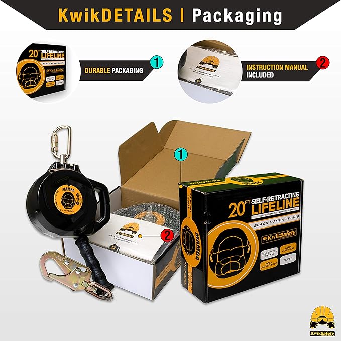KwikSafety - Charlotte, NC - Mamba 20’ Self Retracting Lifeline [Carbonate + Integrated Handle] Class 1 Cable SRL ANSI OSHA Retractable Fall Arrest Safety Roofing Construction Gear