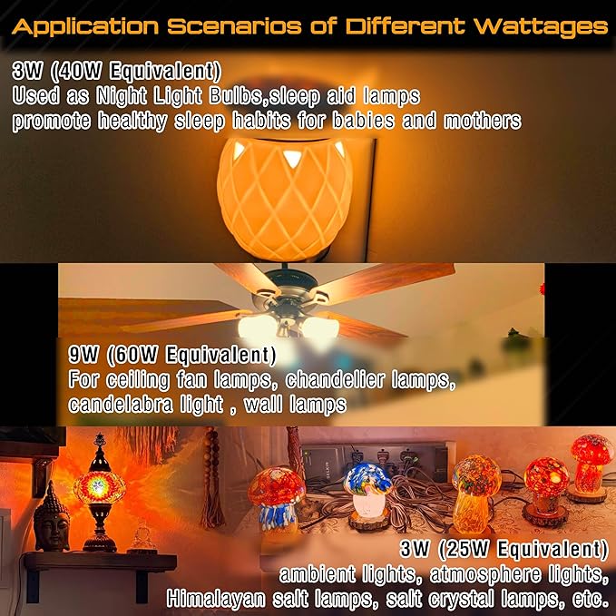 E12 Small Candelabra Base Amber Sleep Light Bulb, 1800K Blue Light Blocking, C7 G45 Warm Night Light Bulbs 25W 40W Equivalent, 3W 300LM Dim Lamp Bulbs for Healthy Sleep, Bedroom, Non-Dimmable, 2pack