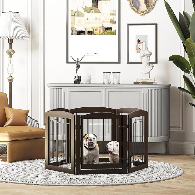 PAWLAND Dog Gate Indoor with Walk Through Door, Foldable Free Standing Pet Gate for Doorways, Stairs, The Houes, Pet Puppy Safety Fence, 120 in Extra Wide, 6 Panels, Support Feet Included, Espresso