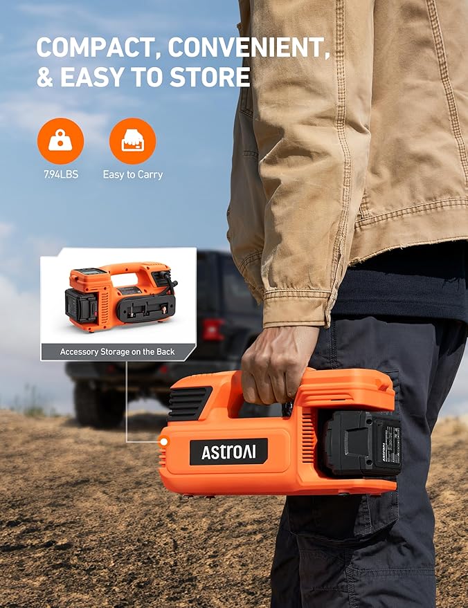 AstroAI TC4 Portable Air Compressor Tire Inflator, 470W 18V Cordless Air Pump for Truck Tires with 4000mAh Battery, 150PSI Heavy Duty Air Compressor with Digital Display for Car, RVs, SUV (Orange)