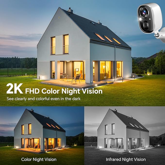 Security Camera Wireless Outdoor 2K Battery Powered Full Color Night Vision WiFi Indoor Home Security Camera 2-Way Talk Motion Detection Spotlight Alarm SD/Cloud Storage for Yard Kid Pet Waterproof