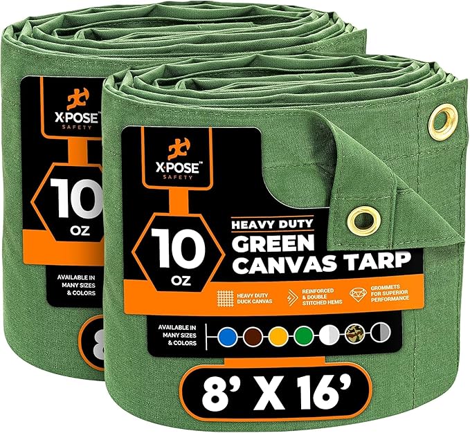Xpose Safety Canvas Tarp - 10oz Green Canvas Tarps Heavy Duty Water Resistant with Brass Grommets- Multipurpose Outdoor Tarpaulin for Camping, Canopy, Trailer, Equipment Cover 8' x 16' (2 Pack)