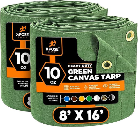 Xpose Safety Canvas Tarp - 10oz Green Canvas Tarps Heavy Duty Water Resistant with Brass Grommets- Multipurpose Outdoor Tarpaulin for Camping, Canopy, Trailer, Equipment Cover 8' x 16' (2 Pack)