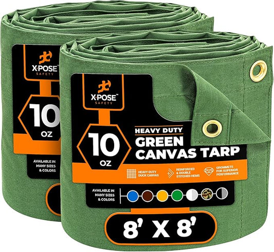 Xpose Safety Canvas Tarp - 10oz Green Canvas Tarps Heavy Duty Water Resistant with Brass Grommets- Multipurpose Outdoor Tarpaulin for Camping, Canopy, Trailer, Equipment Cover 8' x 8' (2 Pack)