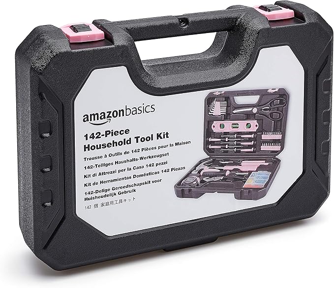Amazon Basics Household Tool Kit With Storage Case, 142 Piece, Pink, 13.39 x 9.25 x 2.95 inch