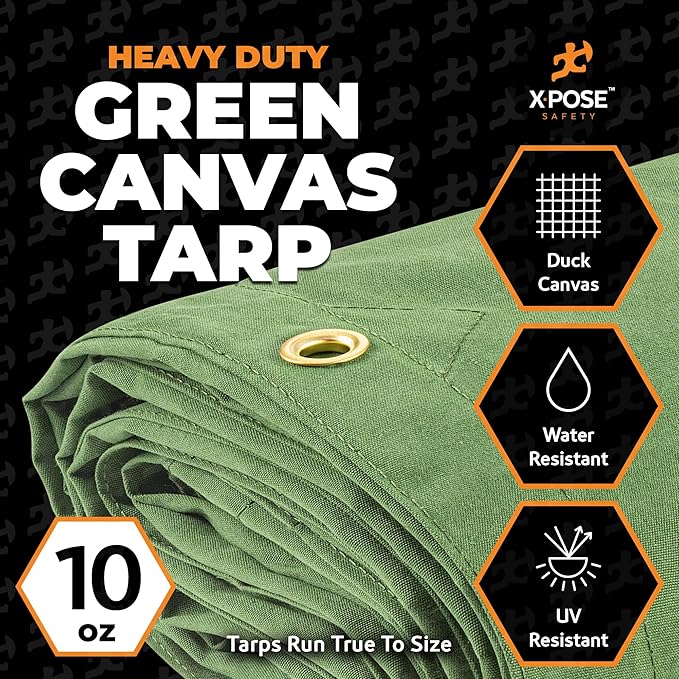 Xpose Safety Canvas Tarp - 10oz Green Canvas Tarps Heavy Duty Water Resistant with Brass Grommets- Multipurpose Outdoor Tarpaulin for Camping, Canopy, Trailer, Equipment Cover 20' x 30'