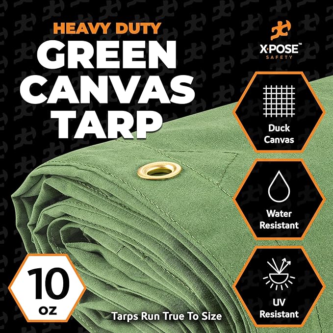 Xpose Safety Canvas Tarp - 10oz Green Canvas Tarps Heavy Duty Water Resistant with Brass Grommets- Multipurpose Outdoor Tarpaulin for Camping, Canopy, Trailer, Equipment Cover 16' x 20'
