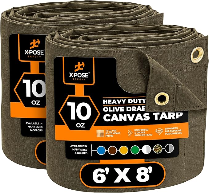 Xpose Safety Canvas Tarp - 10oz Olive Drab Canvas Tarps Heavy Duty Water Resistant with Brass Grommets- Multipurpose Outdoor Tarpaulin for Camping, Canopy, Trailer, Equipment Cover 6' x 8' (2 Pack)