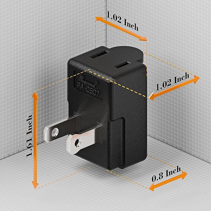 Right Angle Adapter,2-Prong 90 Degree Upward Angled AC Adapter, Polarized 2-Prong L Type Adapter, Vertical Right Angled Down Angle Power Adapter, PA-0507B Black Color