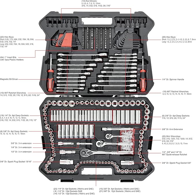 True Mechanic 303-Piece Mechanics Tool Set and Socket Set, Professional, SAE/Metric