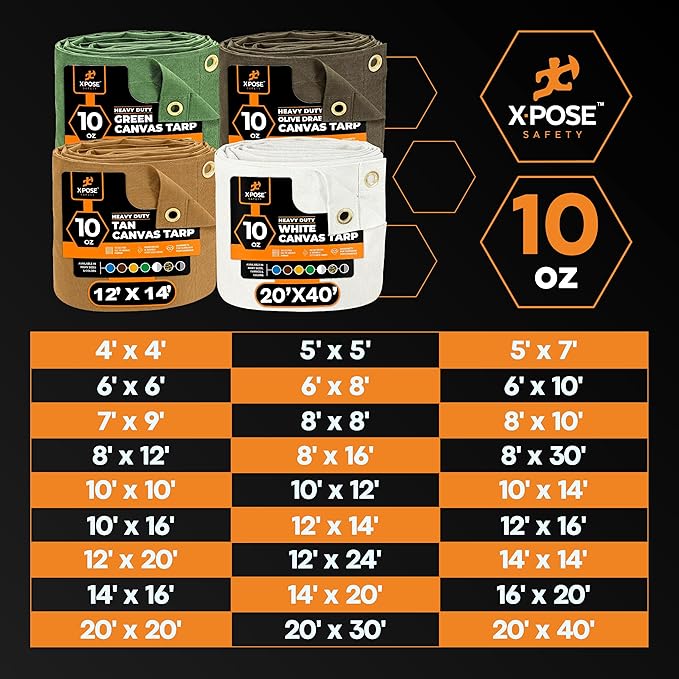 Xpose Safety Canvas Tarp - 10oz Tan Canvas Tarps Heavy Duty Water Resistant with Brass Grommets- Multipurpose Outdoor Tarpaulin for Camping, Canopy, Trailer, Equipment Cover 14' x 16'