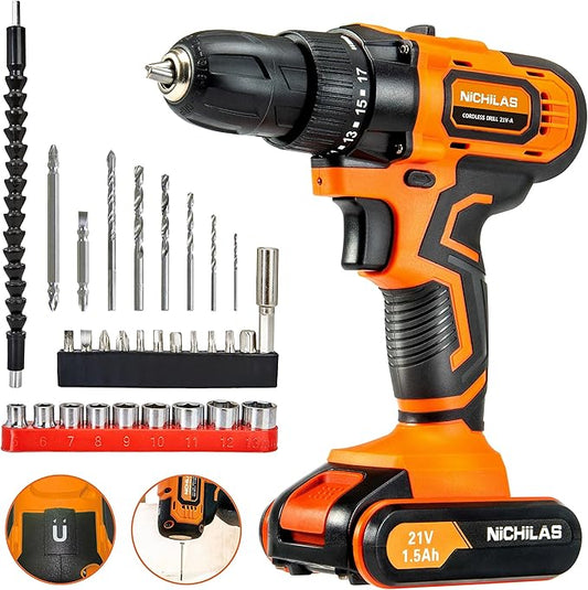 Cordless Drill, 21V Power Screwdriver 2 Variable Speed 3/8” Keyless Chuck, 1500mAh Battery and Charger for assembling, repairing and DIY