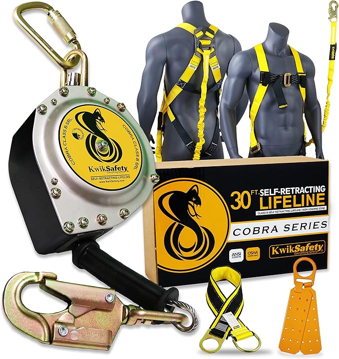 KwikSafety - Charlotte, NC - Cobra 30' Bundle [Cable Self Retracting Lifeline + 3FT Cross Arm Strap + Roof Anchor + 3 D-Ring Safety Harness] ANSI OSHA Class 1 Retractable SRL Fall Arrest PPE