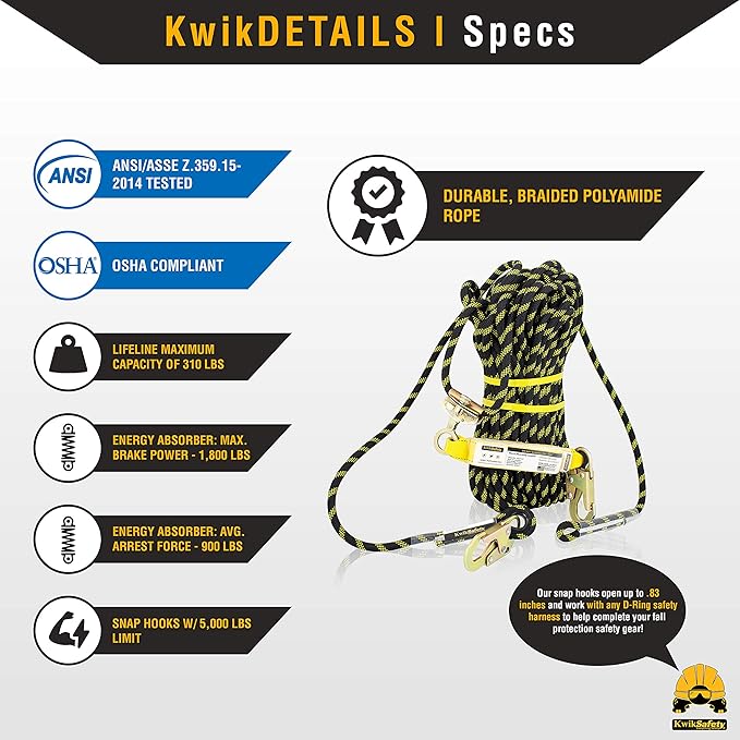 KwikSafety - Charlotte, NC - TSUNAMI COMBO [Premium BRAIDED ROPE] Vertical Lifeline ANSI OSHA Rope Grab Snap Hook Shock Absorber Fall Protection Restraint System Roof Safety Equipment / 25 FT.