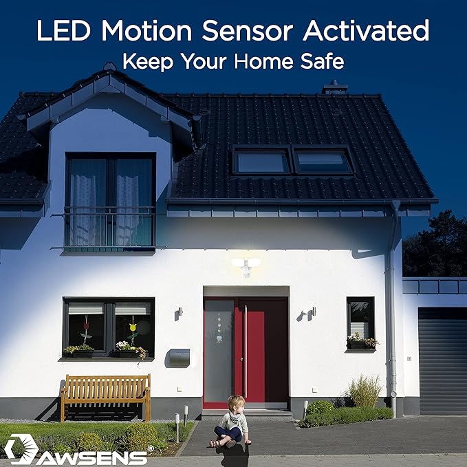 30W LED Motion Sensor Security Light Outdoor, 180 Degree, 2600 LM, 5100 K, ETL Water Resistant, 2 Head Adjustable Motion Sensor Outdoor Detector Light for Patio, Garage, Porch (White)