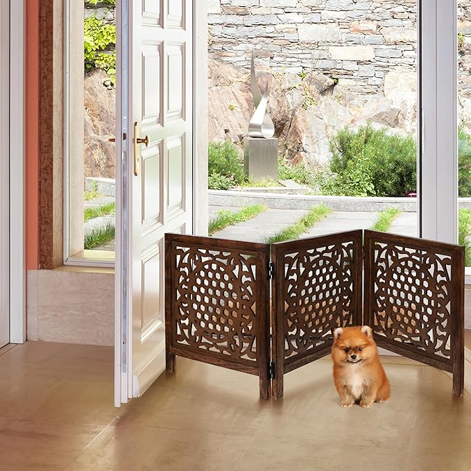 Wooden Freestanding Foldable Dog Gate – 3 Panels, Extra Wide, 24'' Height, Decorative Pet Gate for Doorways, Natural Bedding Cratf
