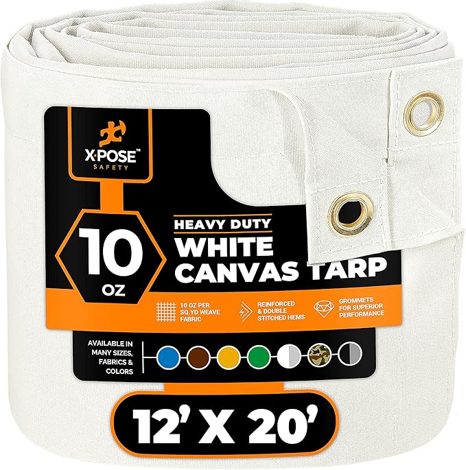 Xpose Safety Canvas Tarp - 10oz White Canvas Tarps Heavy Duty Water Resistant with Brass Grommets- Multipurpose Outdoor Tarpaulin for Camping, Canopy, Trailer, Equipment Cover 12' x 20'