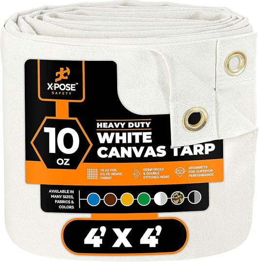 Xpose Safety Canvas Tarp - 10oz White Canvas Tarps Heavy Duty Water Resistant with Brass Grommets- Multipurpose Outdoor Tarpaulin for Camping, Canopy, Trailer, Equipment Cover 4' x 4'