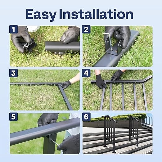 VIVOHOME 2-Pack 2 Step Galvanized Steel Hand Rails for Outdoor Steps – Black Oval and Safety Balusters Exterior Railing for Porch, Deck, or Indoor Stairs, Complete Installation Kit