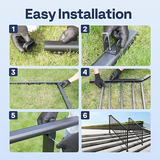 VIVOHOME 2-Pack 6 Step Galvanized Steel Hand Rails for Outdoor Steps – Black Oval and Safety Balusters Exterior Railing for Porch, Deck, or Indoor Stairs, Complete Installation Kit