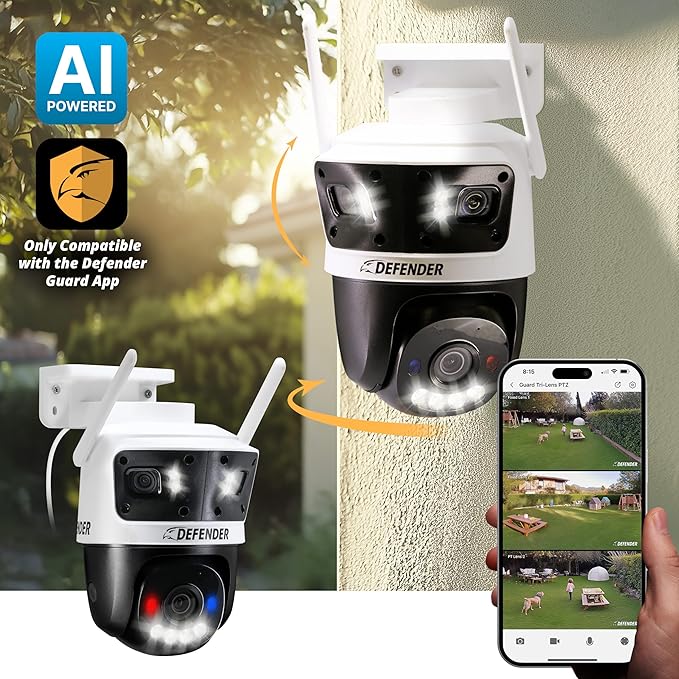 Defender AI Powered 3K+ Guard WiFi Tri-Lens PTZ Plug-in Power Outdoor Security Camera, 3-in-1 360°Smart View Camera, 8X Zoom, Human/Vehicle AI Detection, Blue/Red LED, WiFi 6, Works w/Guard App
