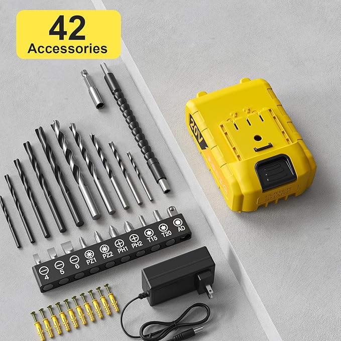 Cordless Drill Set, 20V Power Drill with Power Pack 2.0Ah and Charger, 3/8-Inch Keyless Chuck Electricdrill, 25+1 Torque, 42pcs Drilldriver Bits/Screws for DIY Projects (Yellow)