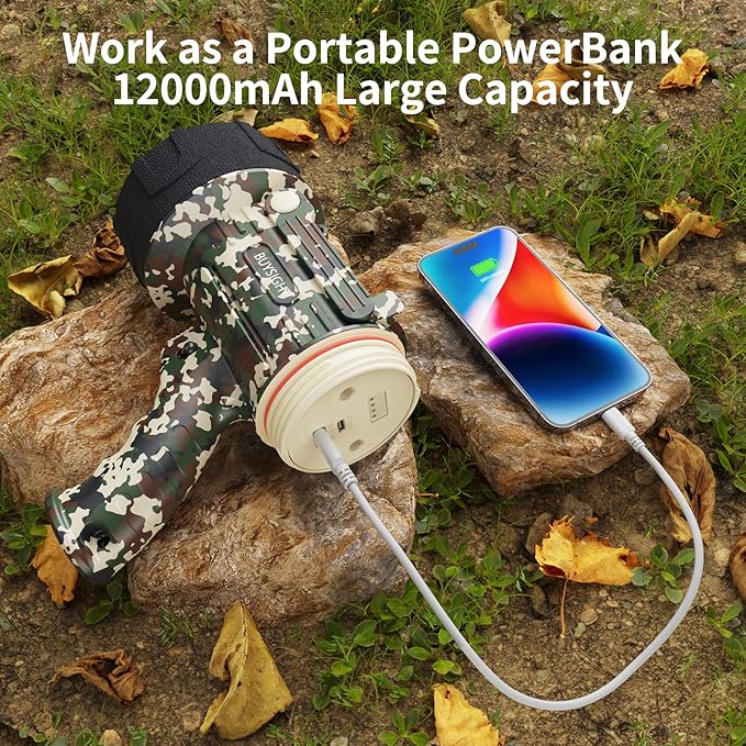 BUYSIGHT Rechargeable Spotlight Flashligh, 1000000 Lumen Hand held Spotlight Waterproof Flashlight Hunting floodlight with red Lens(Camouflage Green-COB)