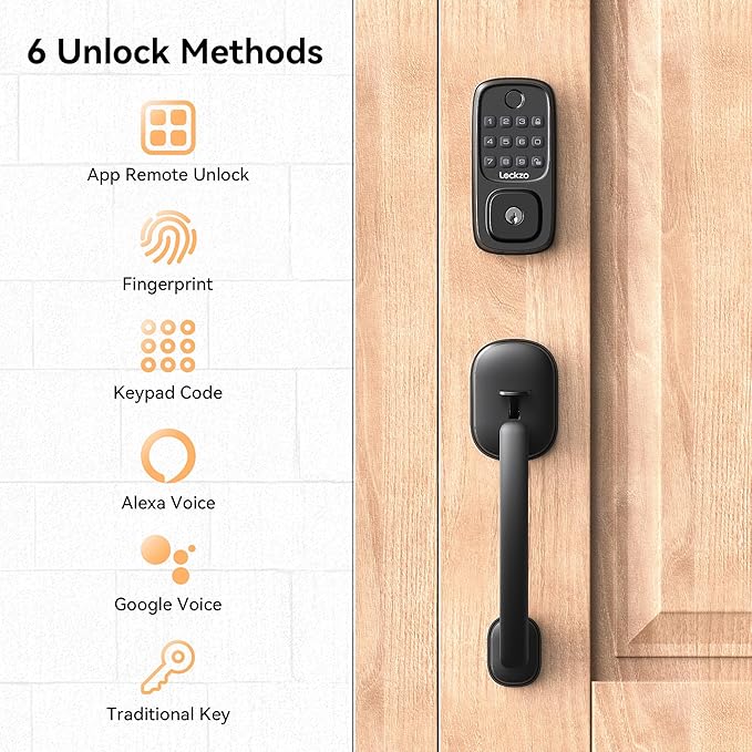 Smart Door Lock with Handle, Keyless Entry Door Lock Deadbolt Handle Set, Built-in WiFi Deadbolt Smart Lock for Front, Fingerprint, Keypad Code, App Control, Voice Control (Black)