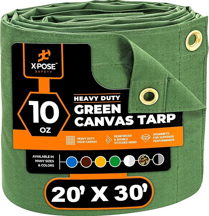 Xpose Safety Canvas Tarp - 10oz Green Canvas Tarps Heavy Duty Water Resistant with Brass Grommets- Multipurpose Outdoor Tarpaulin for Camping, Canopy, Trailer, Equipment Cover 20' x 30'