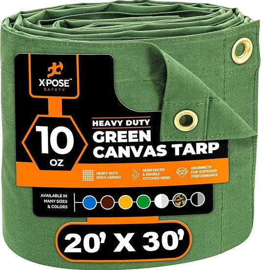 Xpose Safety Canvas Tarp - 10oz Green Canvas Tarps Heavy Duty Water Resistant with Brass Grommets- Multipurpose Outdoor Tarpaulin for Camping, Canopy, Trailer, Equipment Cover 20' x 30'