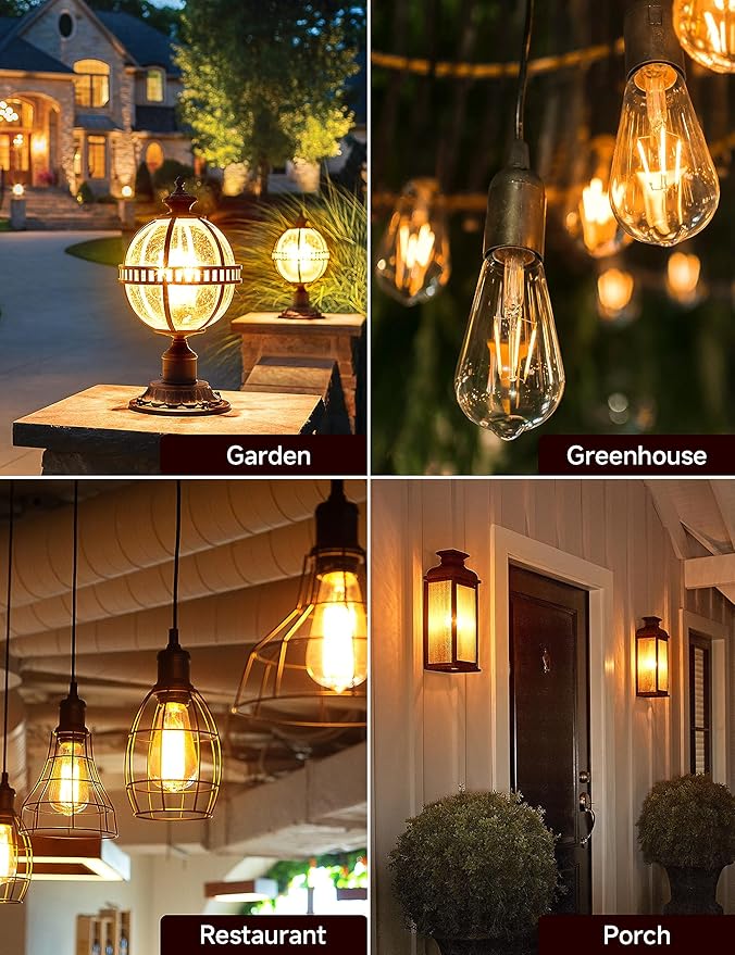 Dusk to Dawn Light Bulbs, Outdoor Light Bulbs, ST64 6W Equivalent 60W, 2700K Soft White, 600LM LED Outdoor Lighting, E26 Base, Photocell Sensor, Auto On/Off Bulb for Porch Patio Garage, 4 Pack
