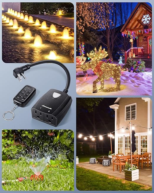 DEWENWILS Outdoor Wireless Remote Outlet, 2-in-1 Individual Control Sockets, 2 Independent Control Sockets Weatherproof Remote Control Switch, 15A Heavy Duty with 2 Remote for Lights, FCC Listed