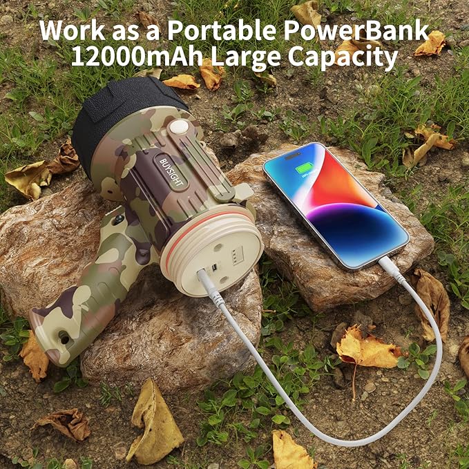 BUYSIGHT Rechargeable Spotlight Flashlight Floodlight,1000000 Lumen Hand held Spot Lights IP67 Waterproof COB Camping Lantern with red Filter(Camouflage Gray-COB)