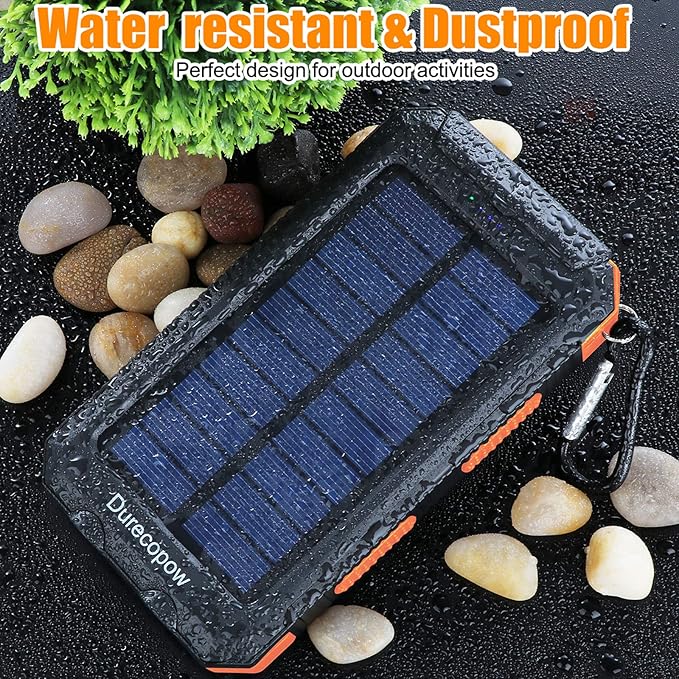 Solar Charger Power Bank, 20000mAh Portable Outdoor Waterproof Solar Battery Charger, Camping External Backup Battery Pack USB C Ports Input/Output, 2 Led Light Flashlight with Compass (Orange)