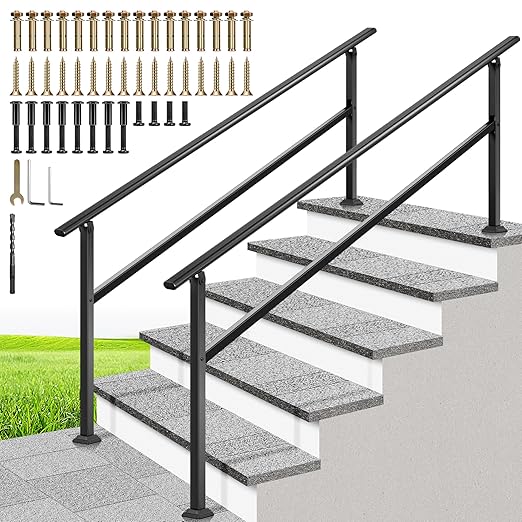 VIVOHOME 2-Pack 6 Step Hand Rails for Outdoor Steps, Galvanized Steel Railing, Black Oval Exterior Hand Railing for Porch, Deck, or Indoor Stairs, Railing Kit