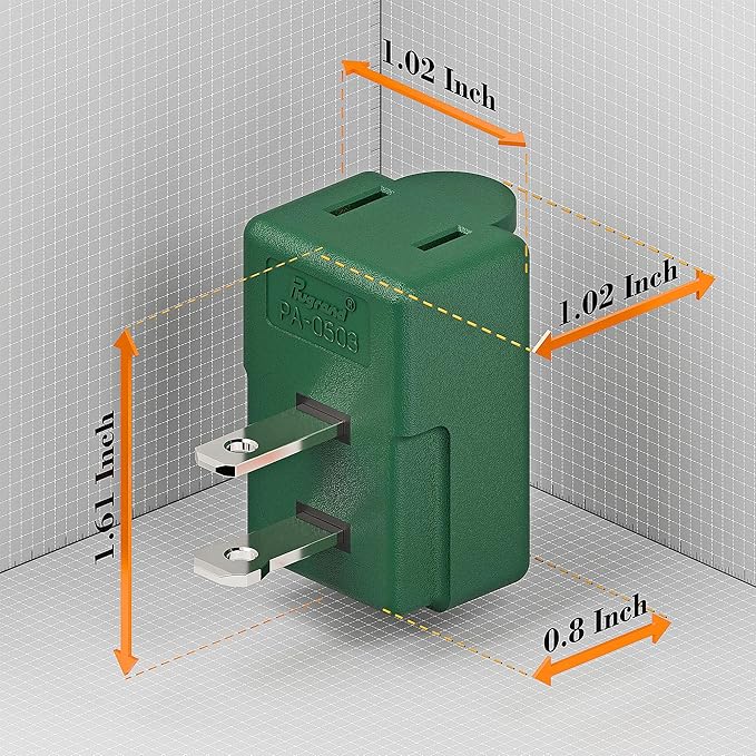 2 Prong 90 Degree AC Adapter, Plugrand NEMA 1-15P to 1-15R Left Angled Adapter, Polarized 2 Prong L Type Adapter, Vertical NEMA 2 Pin Power Adapter, PA-0506G Green Color