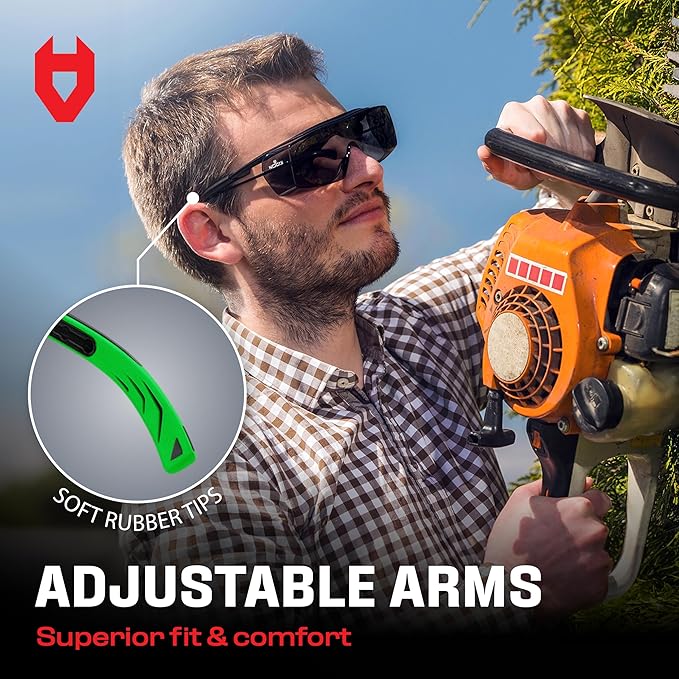 NoCry Tinted Safety Glasses Over Eyeglasses for Men and Women with Anti Scratch Wraparound Lenses — UV400 and ANSI Z87 Certified — Adjustable Temples with Anti-Slip Tips — Great for Shooting