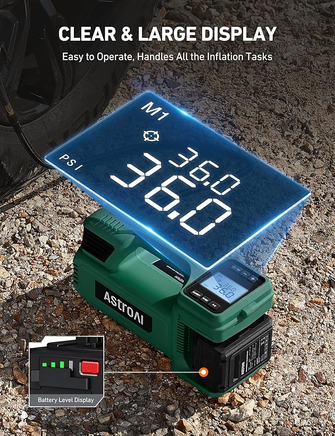 AstroAI TC4 Portable Air Compressor Tire Inflator, 470W 18 V Cordless Air Pump for Truck Tires with 4000mAh Battery, 150PSI Heavy Duty Air Compressor with Digital Display for Car, RVs, SUV Green