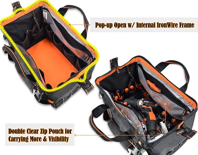 WELKINLAND 16" Tool Bags - 34-Pocket Heavy Duty Open Top Organizer for HVAC & Electricians