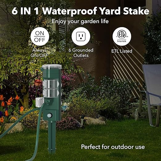 HBN Outdoor Power Strip Timer with Photocell Remote Control,Yard Stake Countdown (2,4,6,8 Hour),Weatherproof Outside Timer Dusk to Dawn for Halloween/Christmas Lights,6 Outlets,6ft Cord